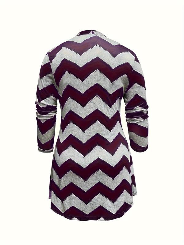 【Plus Size】 Three-Piece Set Chevron Print Open Front Coat & Plain Camisole & Pants, Casual Long Sleeve Outerwear & Sleeveless Top & Trousers for Daily Wear, Women's Three-Piece Outfits for Spring & Fall 1