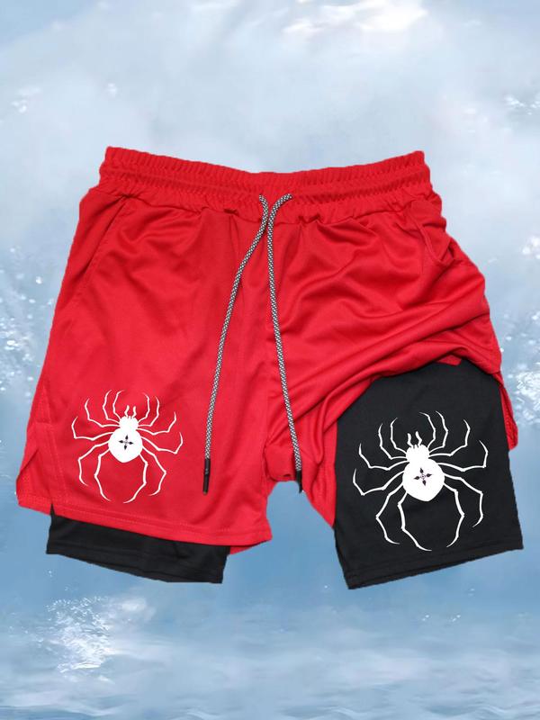 Men's Spider Print 2 in 1 Drawstring Waist Sporty Shorts, Casual Sporty Regular Fit Quick Drying Breathable Bottoms, Men Sports Clothes for Gym Workout Running 6