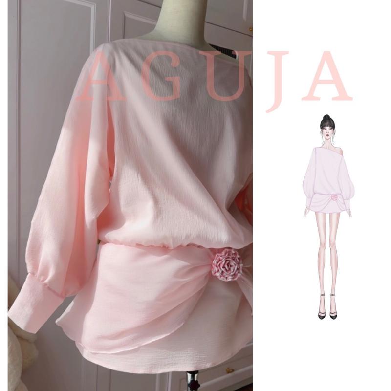 Váy tiểu thư màu hồng lệch vai sang chảnh Nancy dress thiết kế Aguja