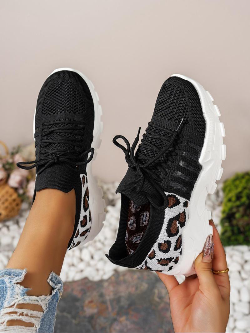 Product Introduction of Women's Fashionable Leopard Pattern Lace Up Running Shoes, Casual Comfortable Breathable Sports Shoes, Female All-match Round Toe Shoes for Daily Wear 1