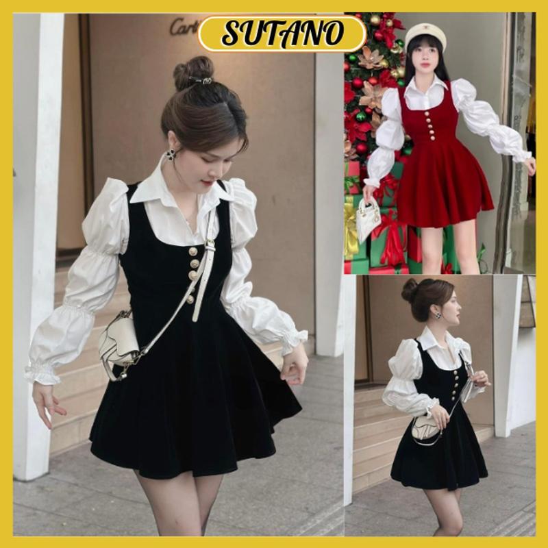 Set sơ mi tay bồng kèm yếm nhung cúc ngọċ tiểu thư set rời 2 món,váy nhung xòe chiết eo baby doll kèm áo B208 SUTANO