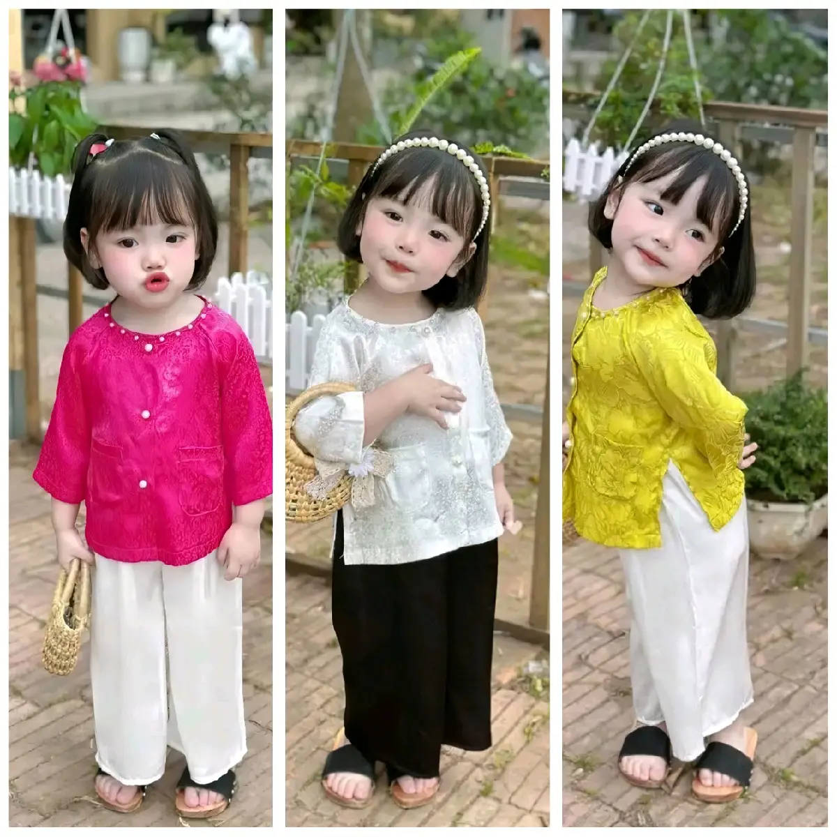 (BBTT02)-Bộ Áo bà ba Truyền thống tay lở+ quần lụa bóng mềm mịn Cho Bé Polo (8-32kg) - Có Cổ, thiết kế đính ngọc ở cổ và cúc áo (2b tặng 1 vòng)