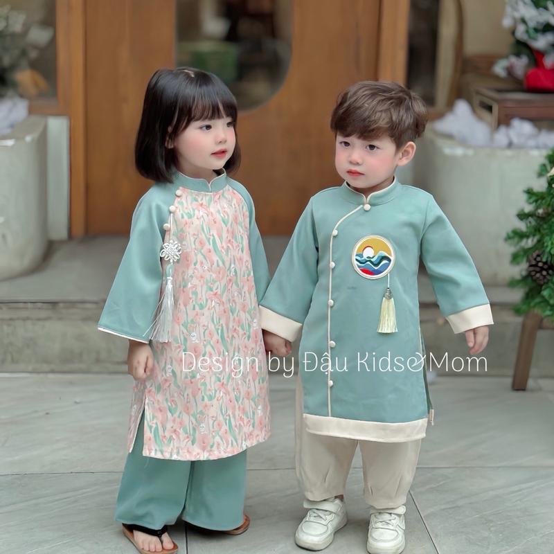  Áo dài cặp bé trai bé gái xanh ngọc chất liệu nhung tăm Đậu Kids&Mom 