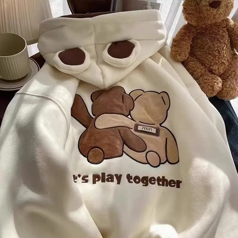 Áo Hoodie Mỏng, Thêu Gấu Và Tai Thỏ Dễ Thương, Dành Cho Nữ, Thích Hợp Cho Mùa Xuân Và Mùa Thu, Ngoại Cỡ, Dáng Rộng Rãi Và Thường Ngày, Áo Khoác 3