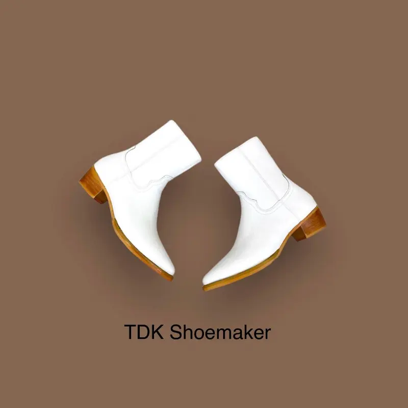 Lukas Boots Da Bò Nguyên Tấm Zip Bốt Nam Trắng Đế Vàng, Gót Gỗ 5cm Mũi Nhọn Khóa Kéo YKK Chính Hãng - TDK Shoemaker 0