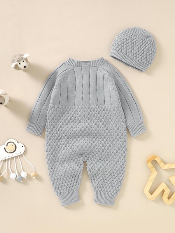Baby's Solid Long Sleeve Button Front Sweater Onesie & Beanie Hat, Cute Raglan Sleeve Round Neck One-piece Knitwear Set, Newborn Infant Kid's Fall & Winter Clothes, Two Piece Set Winter Co Ord Sets, Baby Clothes, Baby Clothing Winter 6