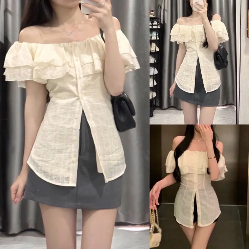 ÁO BẸT VAI TAY NGẮN KIỂU ĐÍNH NÚT XẺ HÓT TẾT M8 Nữ Top Jean