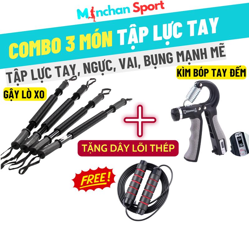 Combo 3 món tập lực tay: Thanh gậy lò xo và Kìm bóp tay máy đếm chuyên nghiệp tập gym tặng kèm 1 dây nhảy thể lực(KHÔNG TẠ) Tập Tay Tập Thể Dục Tập Cơ Tay
