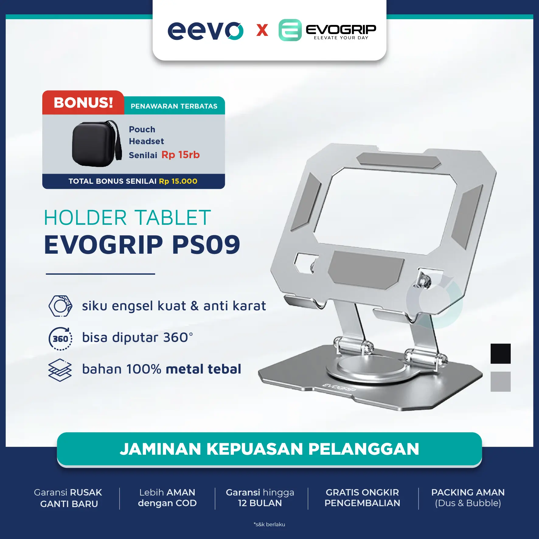 EVOGRIP PS09 Tablet Holder Stand Hp Besi Alumunium Rotary Putar 360 Kuat Kokoh Tempat Dudukan Tab