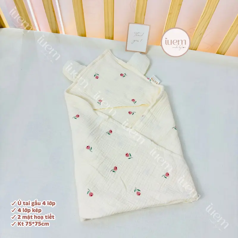 iuem Ủ choàng tai gấu kích thước 75*75cm, 4 lớp kép,  quấn ủ bảo vệ cho bé sơ sinh, ủ mềm mát, nhẹ thoáng, kết hợp làm khăn tắm cho bé 2