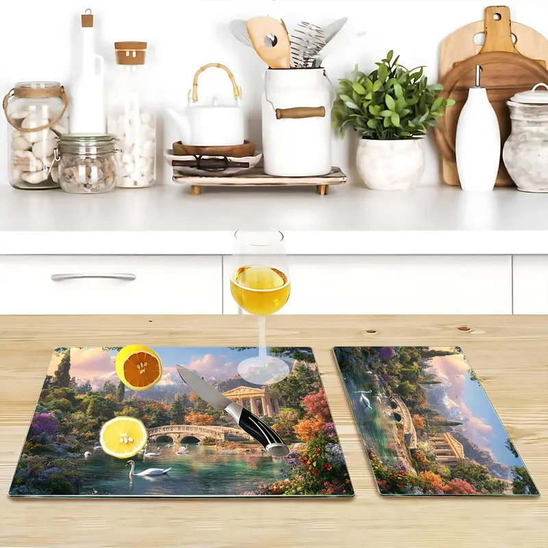 Landscape Pattern Kitchen Chopping Board, 1 Count Non-slip Heat Resistant Cutting Board with Handle, Kitchen Decorative Placemat 2