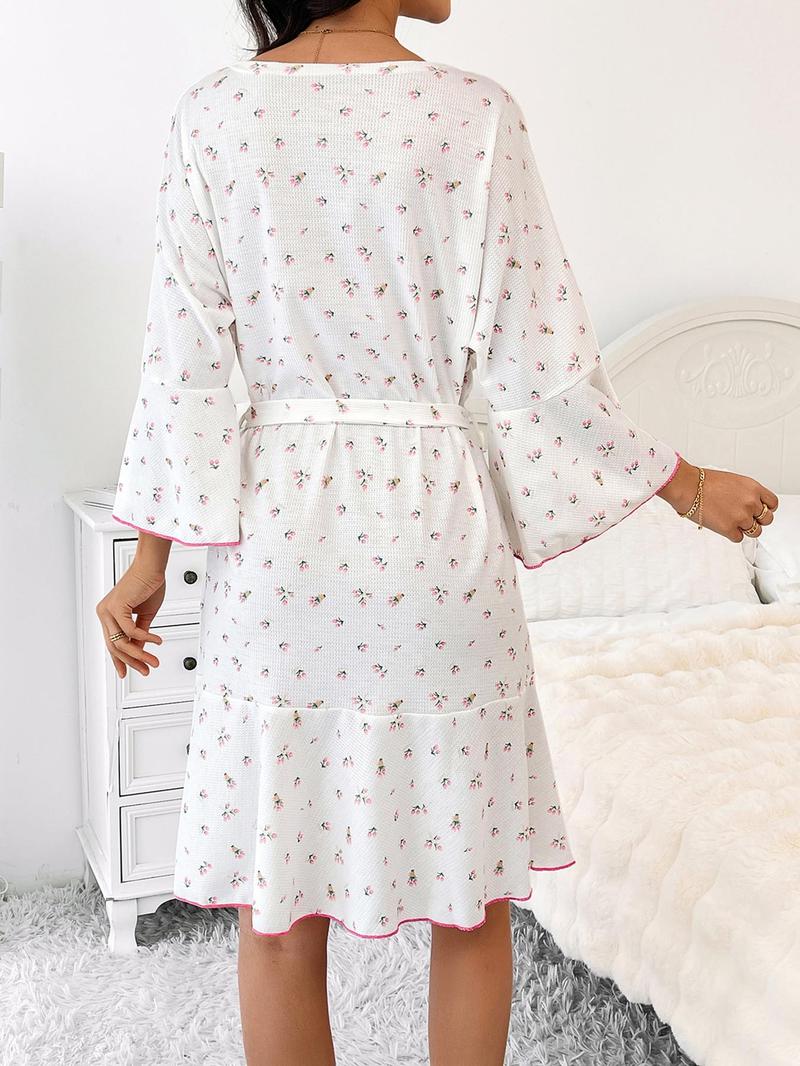 Product Introduction of Women's Pj Ditsy Floral Print Wrapped Belted Ruffle Hem Lounge Robe, Elegant Flounce Sleeve V Neck Dressing Gown for Home Wear, Women's Sleepwear for Spring & Summer 2