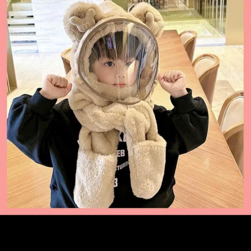 Mũ Len Trùm Đầu Có Kính Chắn Gió Kèm Khăn Quàng Cổ Và Găng Tay Cho Bé, Nón Len Lông Cừu Có Bao Tay Cho Bé Kem Hat trơn ếch nâu Giữ Ấm