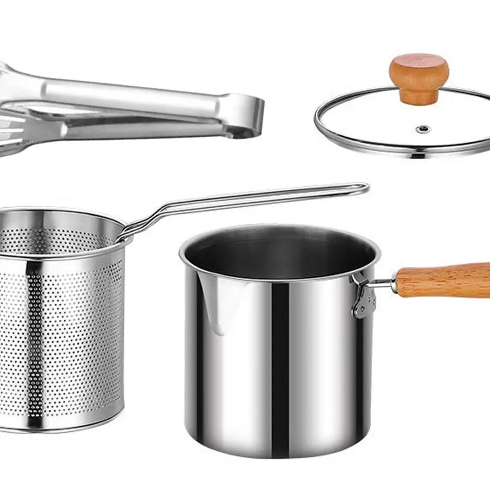 Nồi chiên sâu, có tay cầm bằng gỗ, nồi nấu ăn chiên dầu, thích hợp cho cắm trại và dã ngoại, máy hâm sữa Thông Dụng để nấu ăn khoai tây chiên kiểu Pháp