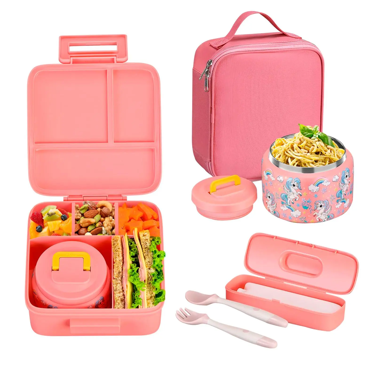 Household Essentials Kids Lunch Food Box with Cutlery & Insulated Bag, 1 Count Cartoon Pattern Plastic Bento Lunch Box with 5 Compartment for School, Meal Prep Containers, Kitchen Gadgets