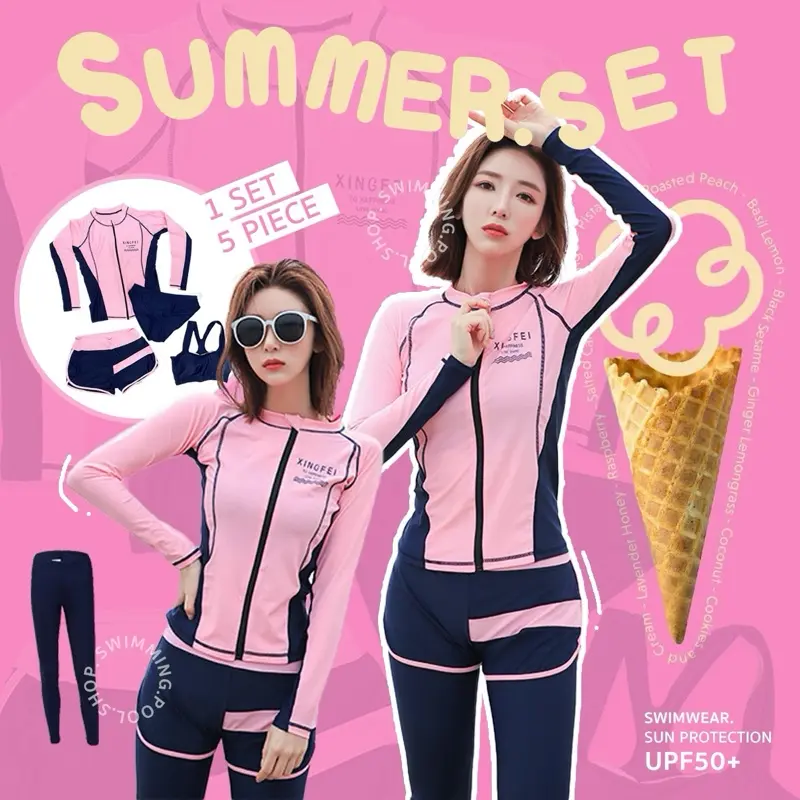 [พร้อมส่ง!] M-2XL ชุดว่ายน้ำเซ็ท5ชิ้น ชุดว่ายน้ำแขนยาวขายาว​ กันแดด​UV ใส่สบาย️️️