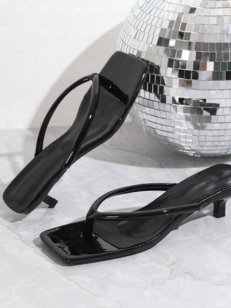 Product Introduction of Women's Fashionable Plain Color Heeled Gypsy Sandals, Patent Leather Kitten Heel Slide Sandals, Casual Summer Beach Party Sandals, All-match Commuter Shoes for Work & Daily Wear 17