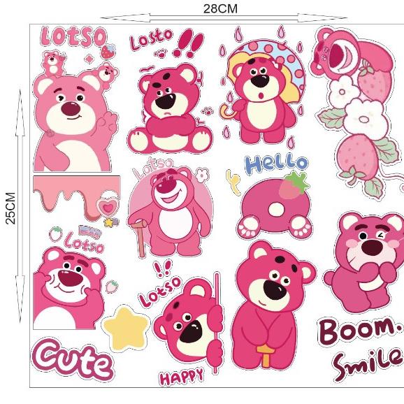 stiker logo gấu dâu dán xe máy xe đạp bàn ghế...