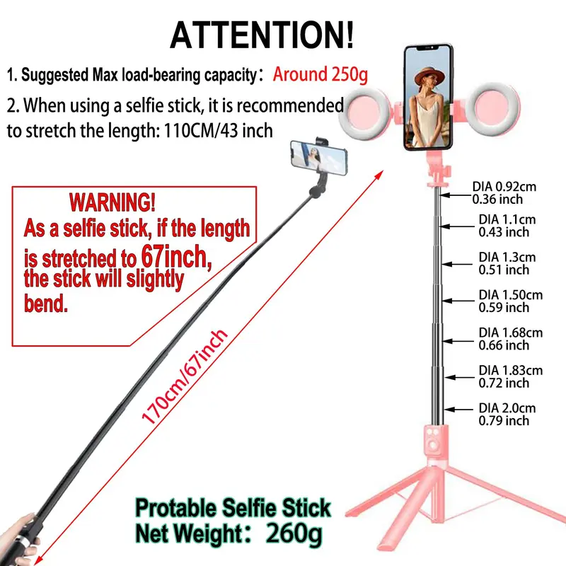 67 Inch Multifunctional Selfie Stick, Battery Powered Retractable Smartphone Tripod with Dual Beauty Fill Lights, Selfie Stick with Remote Control for Live Streaming 3