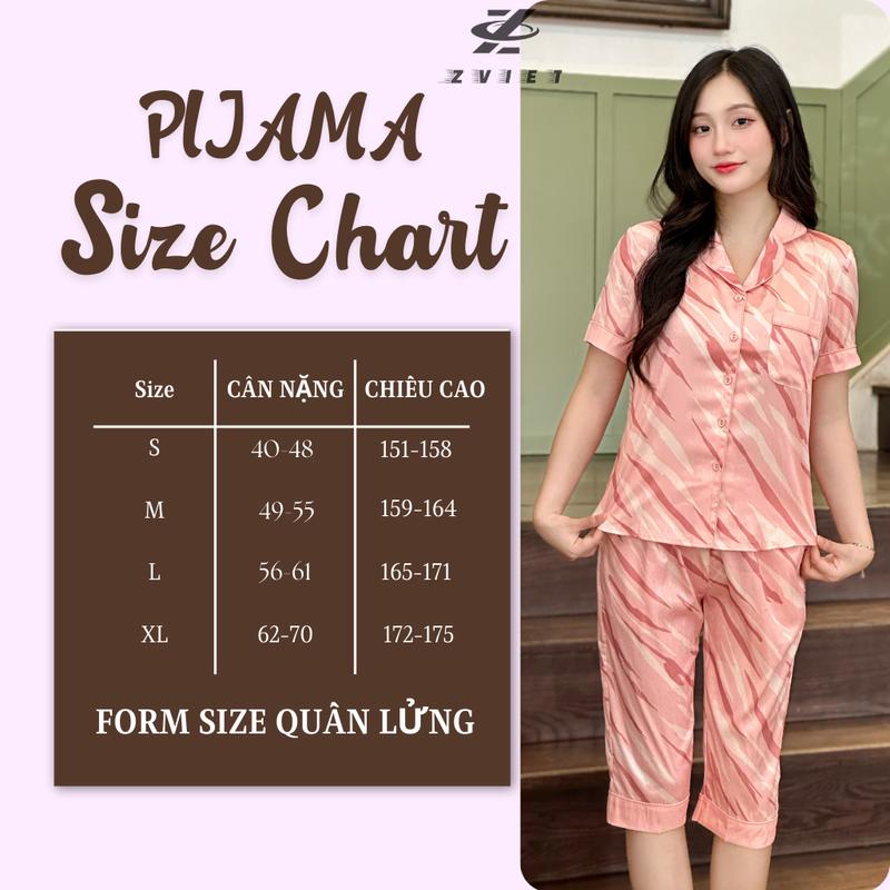 Đồ bộ PIJAMA mẫu lửng-áo ngắn tay. Chất liệu vải Lụa Hàn mềm mịn thoáng mát,kiểu dáng thanh lịch, trẻ trung ZViet Women Nữ Voi Quần Ngủ Nho Áo Ngủ dobo tay ngan 8