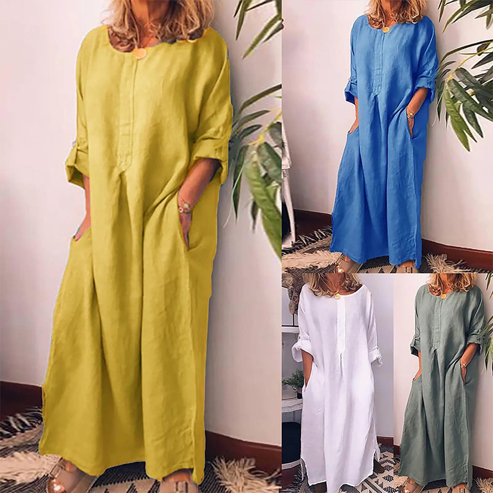 [DR] Women Vintage Solid Color Long Sleeve O Neck Pockets Maxi Dress Tunic Kaftan
