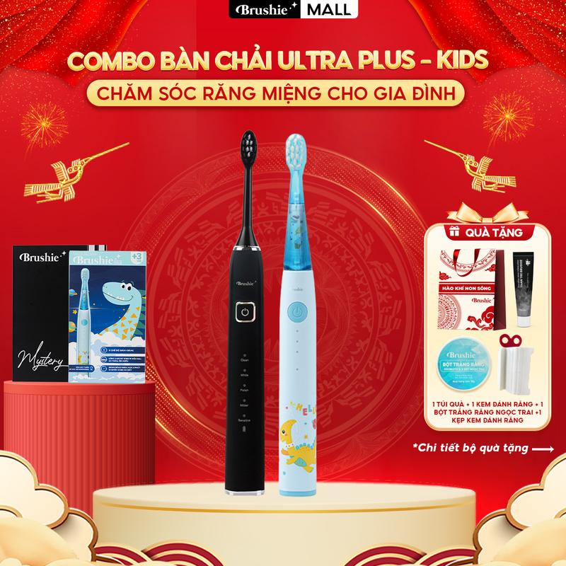 Combo bàn chải điện Brushie Ultra Plus chính hãng tích hợp đầu rửa mặt và bàn chải điện trẻ em Brushie Kids - TẶNG túi kháng chiến + kem đáng răng + bột trắng răng + kẹp kem đánh răng
