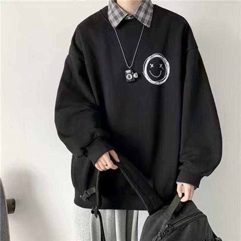 Áo Sweater nỉ nam nữ,áo nỉ cổ tròn in hình mặt cười nam nữ mặc cực chất Dài Tay Hoodie Menswear Đen