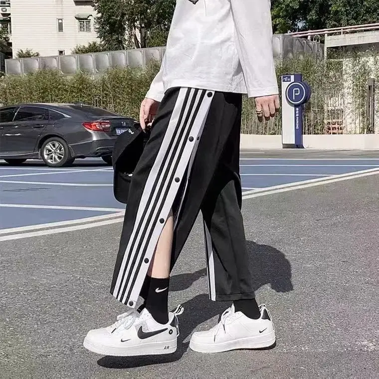 Casual Pants Harajuku Style All-Match Loose Row Button Pants Cropped Korean-Style Button Side Open Running Student Track Pants Tide Trouser Man Oversize Striped Menswear Lingerie