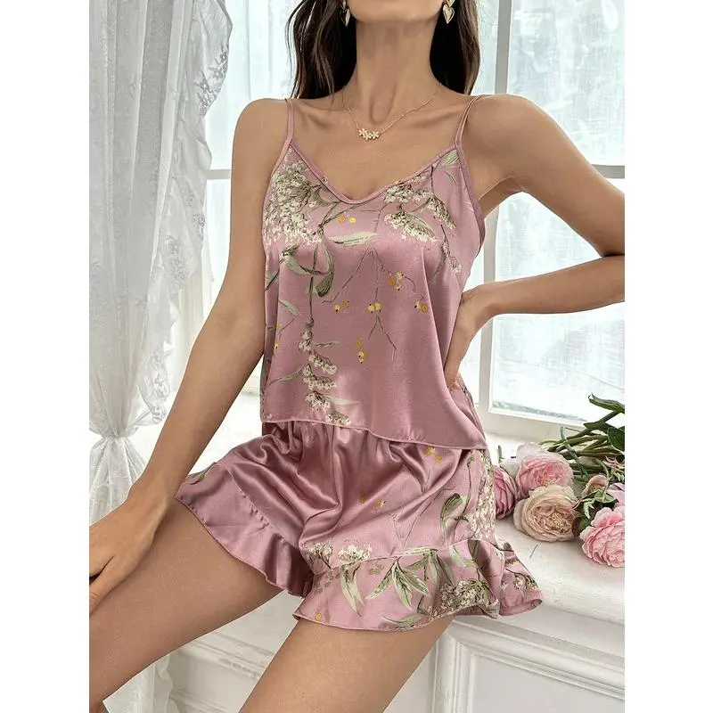 New European-style spring and summer breathable ice silk home dress set ladies fashion lovely print pajamas lady
