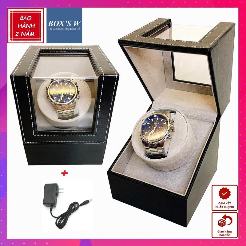 [BH 2 NĂM] Hộp Xoay Đồng Hồ Cơ 1 Ngăn Vỏ Da Đen Lót Nỉ Nhung - Hộp Lên Dây Cót Đồng Hồ Cơ Có Chạy Pin