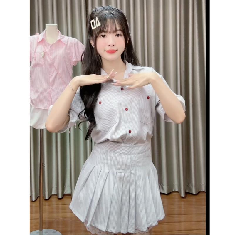 XẢ KHO NGHỈ BÁN Set Áo kiểu nữ kèm chân váy tennis chất cotton họa tiết kẻ sọc viền ren năng động 2 màu Kozoda S163 Women Top