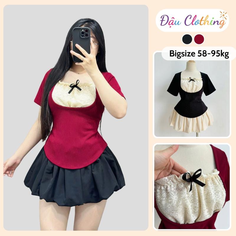 Set Bigsize Nữ (CÓ LẺ ÁO VÁY) Áo Tiểu Thư Tay Ngắn Phối Ren Kèm Chân Váy Bí Bồng Noel Tết SET948
