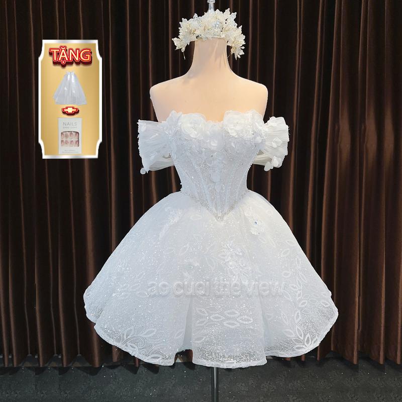 váy cưới cô dâu ngắn đi bàn dáng cúp ngang gối new 2024 có đuôi nơ voan, dáng xòe tay trễ vai ngang che bắp tay from corset Áo Cưới Dress  Ren  Nữ 291 wedding  dress