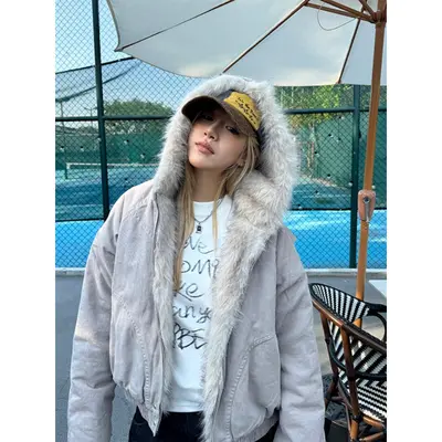 Fur Hood Jacket Y2k - TikTok Shop