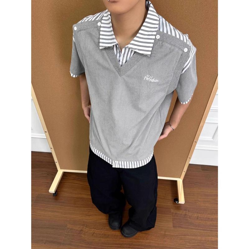 Áo Thun Cổ Polo Thêu, Thiết Kế Ghép Nối Giả Hai Mảnh, Áo ngắn Tay Dáng Rộng Rãi, Hợp Xu hướng, Dành Cho Nam Giới, Hàng Mới Về Mùa Hè 2025 3