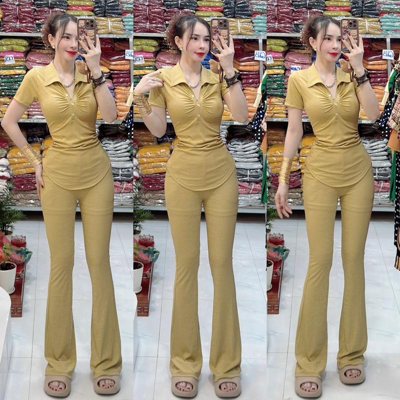 Mã C237 Sét Áo Cổ Bâu Gài Nút Vạc Bầu Quần Dài Loe Thun Gân Tăm Lạnh -Huyền đồ Bộ Xinh