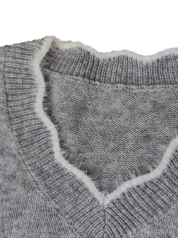 Women's Colorblock Scallop Trim V Neck Sweater, Casual Long Sleeve Jumper for Fall & Winter, Fashion Ladies' Knit Clothing for Daily Wear 4
