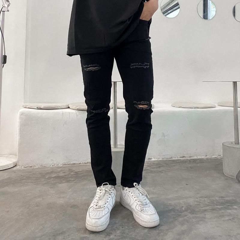 Quần jeans đen rách gối nhiều nam co giãn tốt dáng slimfit skinny phom ôm hà nội hcm Menswear Có Túi Pants 0