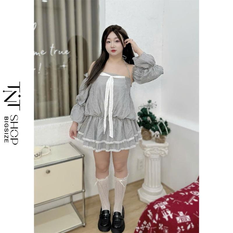 Product Introduction of SET 3 MÓN BIGSIZE ĐẦM QUÂY RỜI TAY DÂY NƠ KÈM QUẦN [TNT SHOP BIGSIZE 60KG 90KG] Women Nữ Top Kem Sọc 6