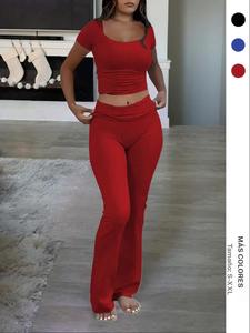Conjunto de dos piezas de camiseta de color sólido y pantalones de pierna acampanada para mujer, moda casual cómoda para uso diario y al aire libre, ropa de mujer para el verano, conjunto de leggings, conjuntos de dos piezas para mujer