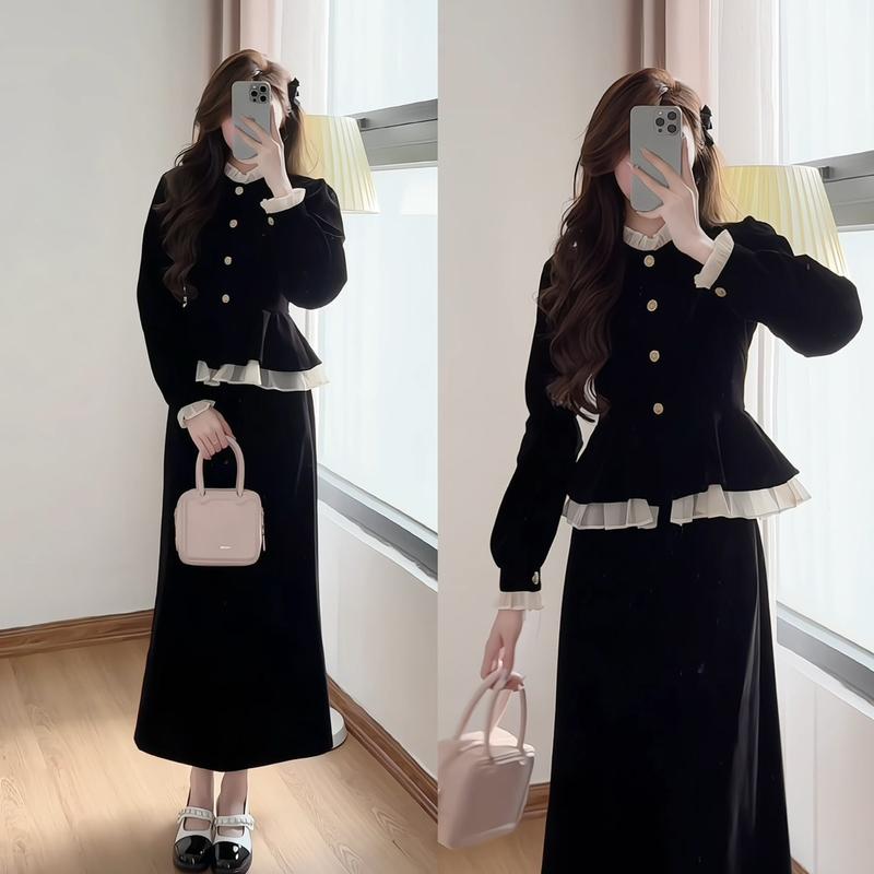 Set áo chân váy nhung phối tơ dài tay xixeoshop - S97 Nữ Top Women