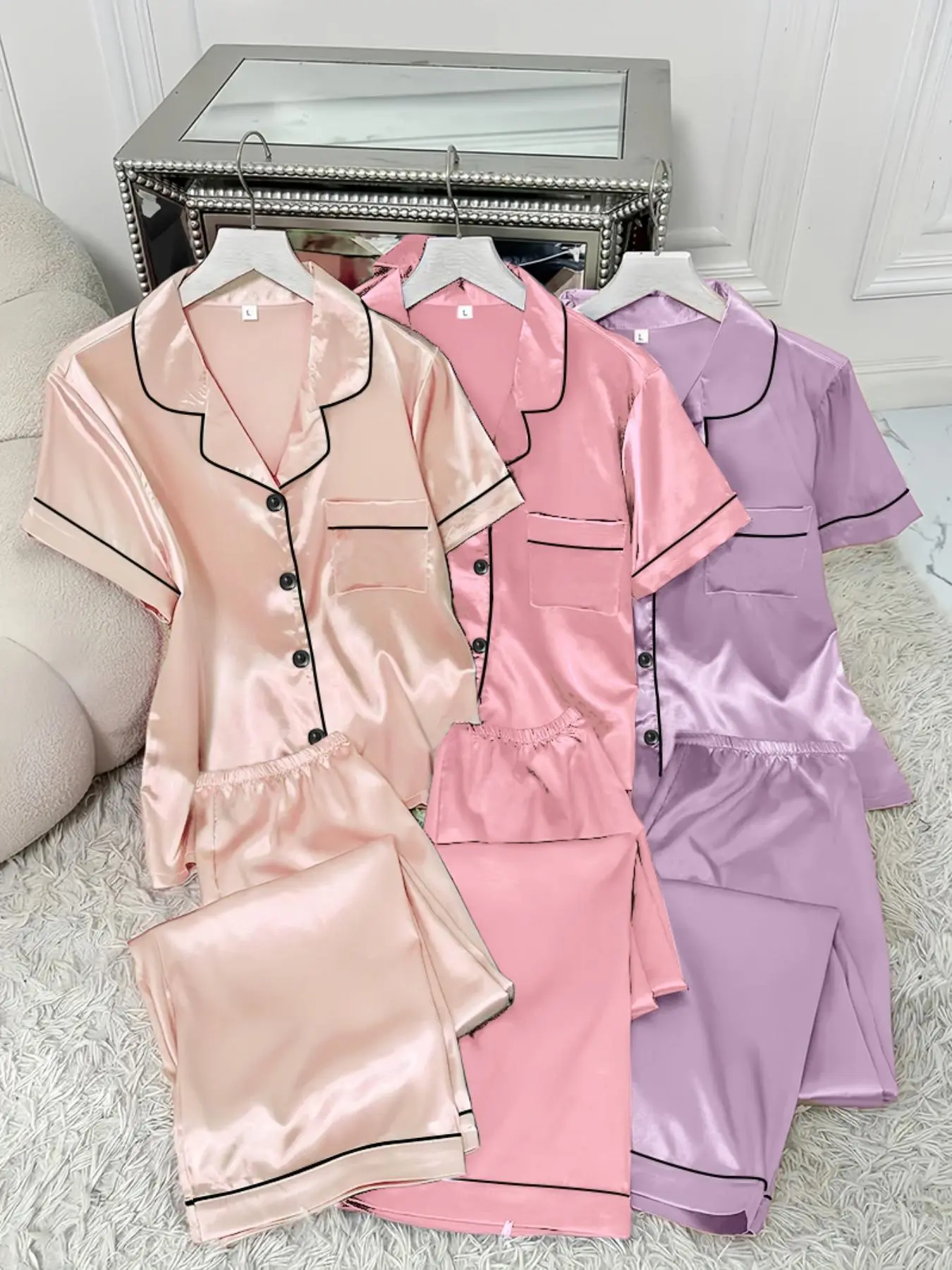 Women's Solid Color Satin Pyjama Set, Short Sleeve Lapel Neck Top & Elastic Waist Pants Pj Set, Women's Sleepwear for Summer
