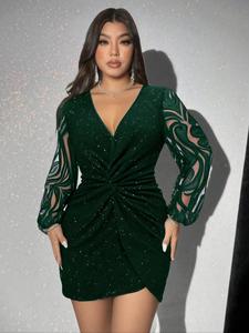 Vestido de Talla Grande con Cuello en V y Encaje de Manga Larga, con Sencillo Detalle de Lentejuelas, Moda Casual para Todas las Ocasiones, Ropa Elegante y Cómoda para Mujer