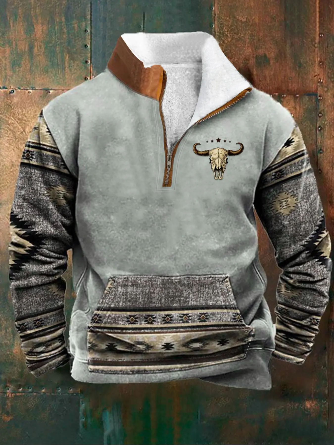 Men's Regular Fit Tribal Print Pocket Half Zipper Top, Casual Long Sleeve Stand Collar Pullover for Daily Wear, Men's Clothes for All Seasons
