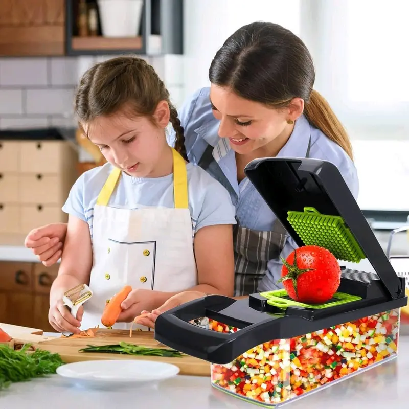 15 in 1 Vegetable Chopper,  Vegetable Slicer Fruit and Vegetable Dicing Machine, Food Slicer Veg Chopper Manual Onion Slicer Dicer Chopper Cutter Veg Slicer (Gray) Viral ticktock top product ,Kitchen Detachable Blade Set heat resistant casual green durabl 5