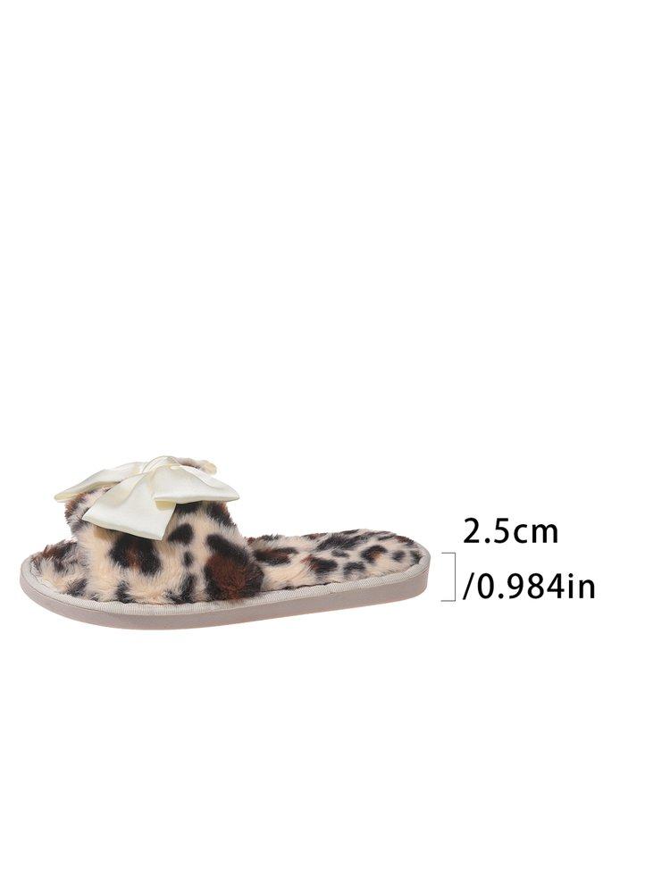Product Introduction of Fluffy Leopard Bowknot Slippers Women's Autumn and Winter Flat Home Floor Slippers Open Toe Cotton Slippers Women's Flat-Heeled Slippers Rubber Suede 27