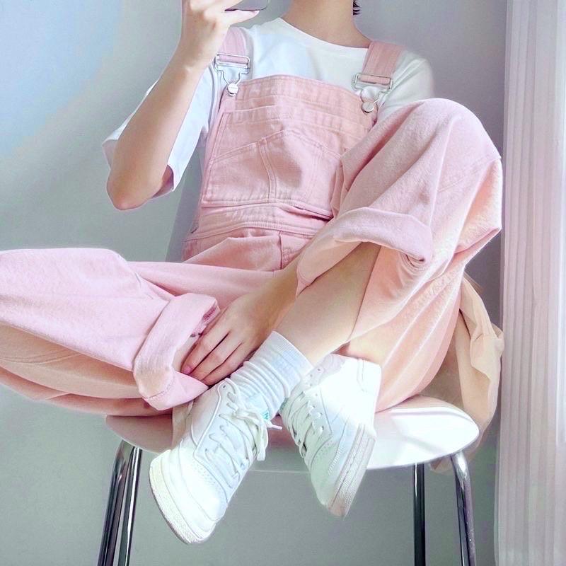  TIENSTYLE - Quần Yếm Jean Dài Ống Rộng Suông Nắp Túi Nút Hông Màu Hồng Cho Nữ - Sét Áo Trắng Yếm Hai Dây Bigsize Size XS-XL 