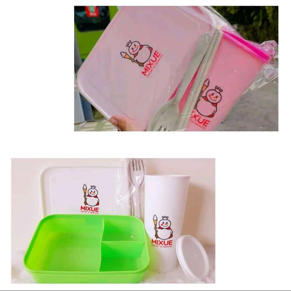 (1 Set) Kotak Bekal Anak Mixue / Kotak Makan Anak Set / Kotak Bekal Anak Viral Terbaru Garpu Sumpit Sendok