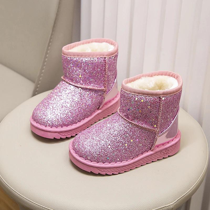 Product Introduction of Winter Girl's Snow Boots Glimmer Three Colors Thick Fur Kids Short Boot Warm Beautiful Stylish Slip-on Children Shoes 25-36 9