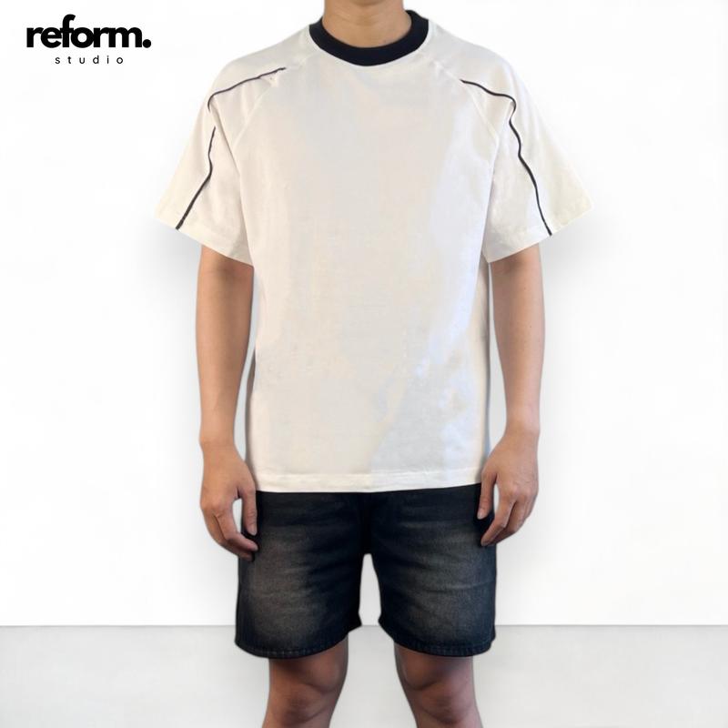 Áo Thun Unisex Nam Nữ Trơn Trắng Đen Phối Viền Tay Áo Refom RF-C7 Menswear Cổ Tròn